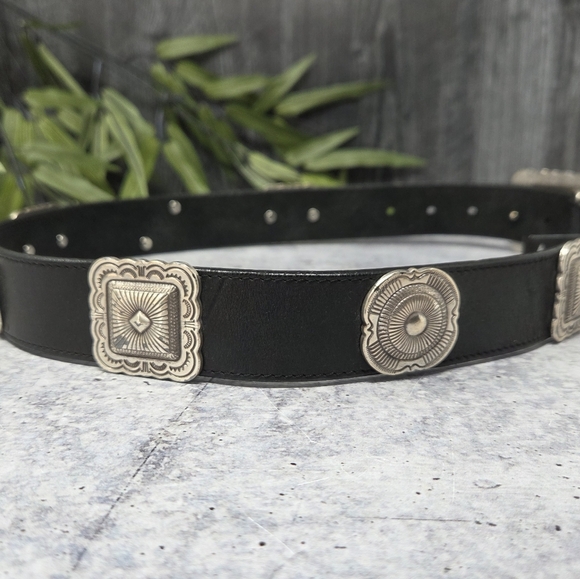 Vintage Brighton 1992 Western Black Concho Leather Belt Silver Buckle Medallions - Picture 2 of 9